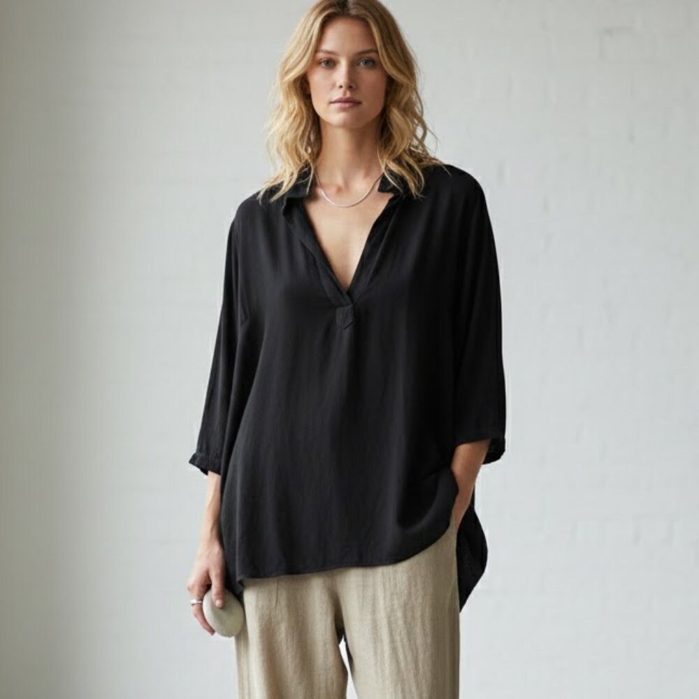 CP Shades Tunic Top Popover Rayon Wool Black Oversized Lagenlook Minimal size M